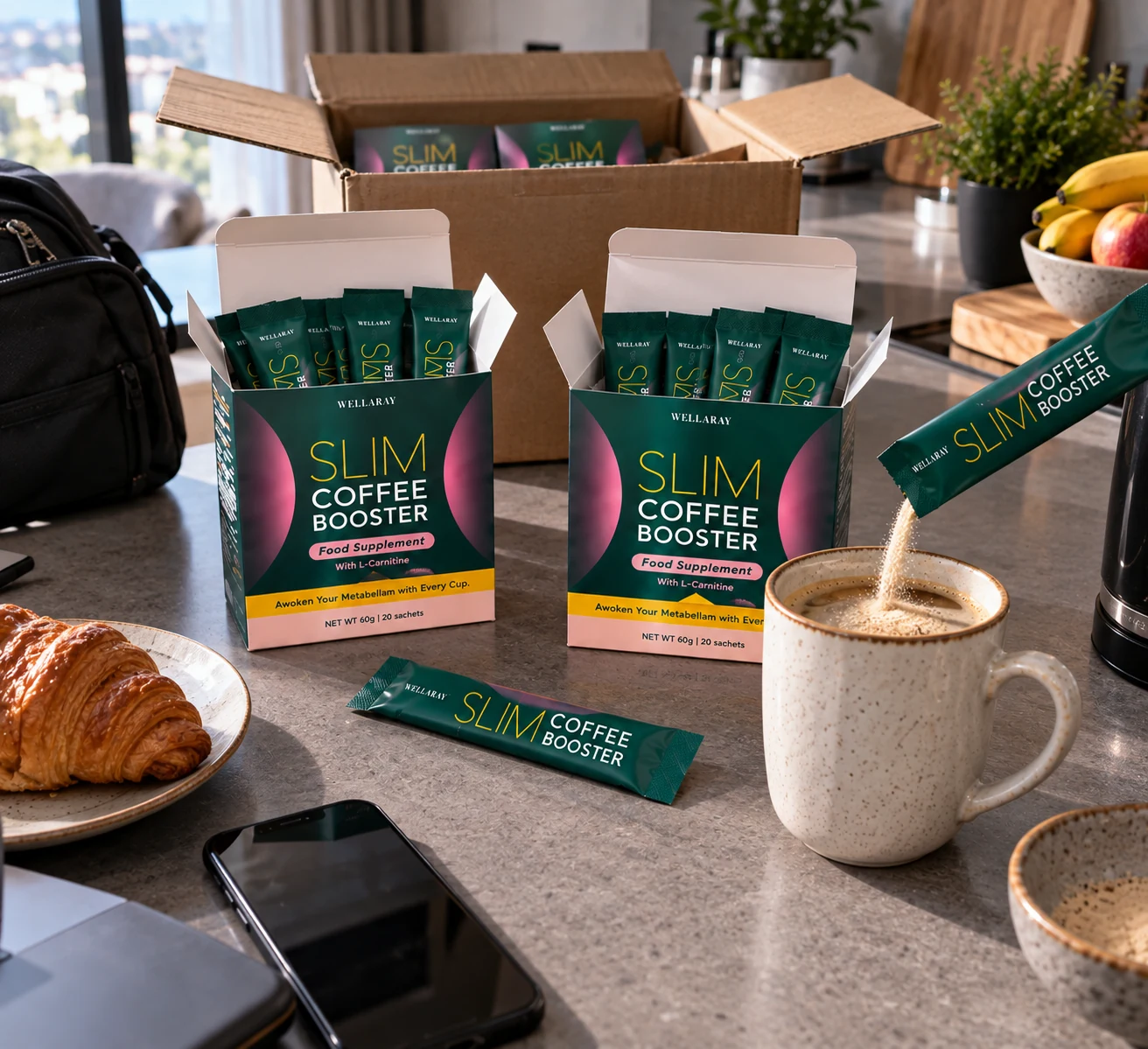 Wellaray Slim Coffee Booster boxes, sachets and coffee